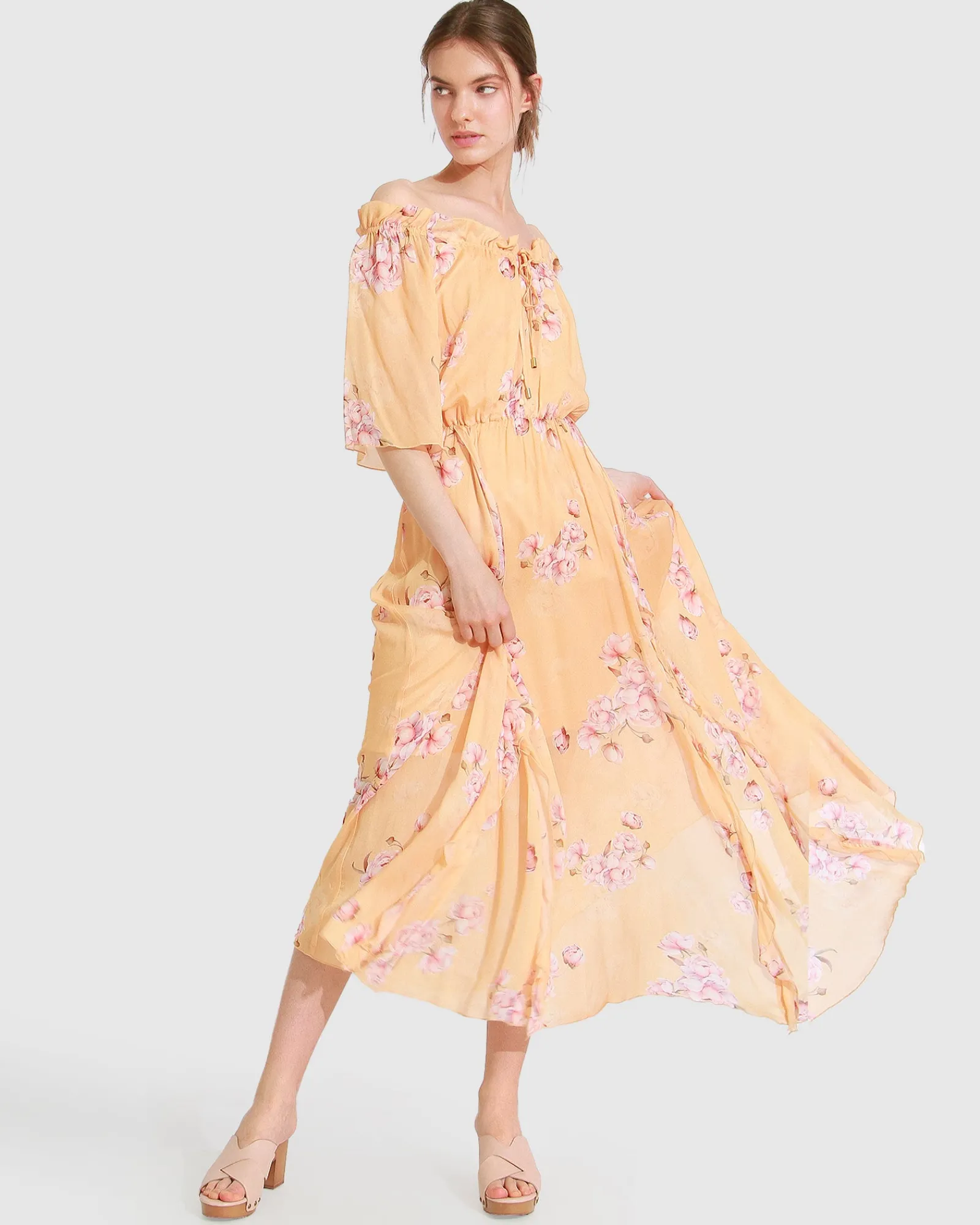 Hot Belle & Bloom Amour Amour Ruffled Midi Dress - Peach Peonies PeachPeonies
