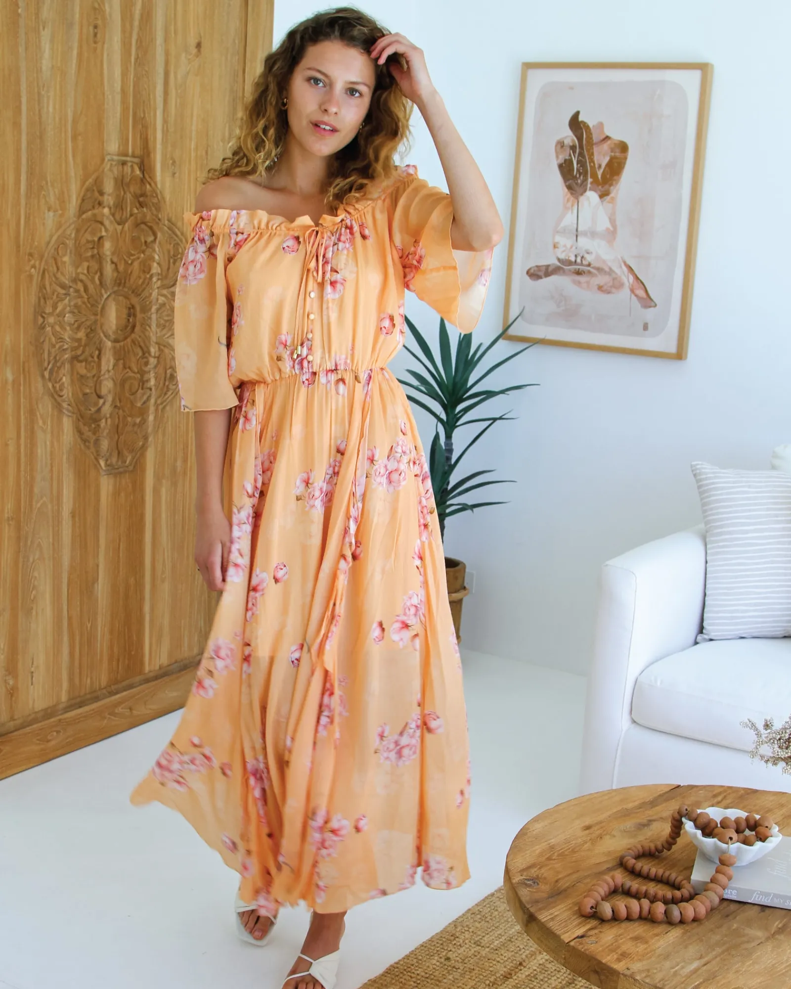 Hot Belle & Bloom Amour Amour Ruffled Midi Dress - Peach Peonies PeachPeonies