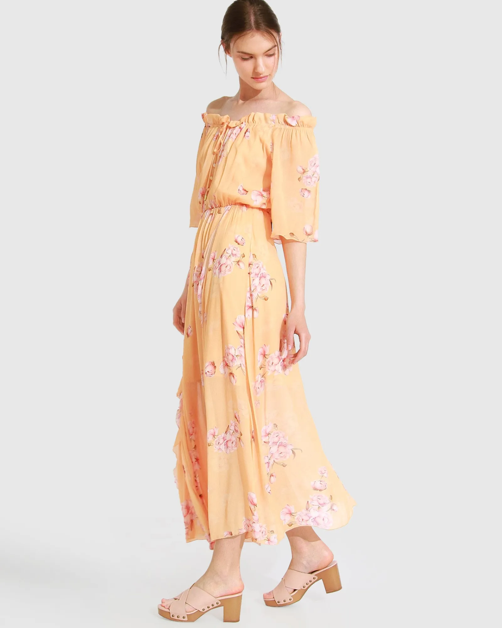 Hot Belle & Bloom Amour Amour Ruffled Midi Dress - Peach Peonies PeachPeonies