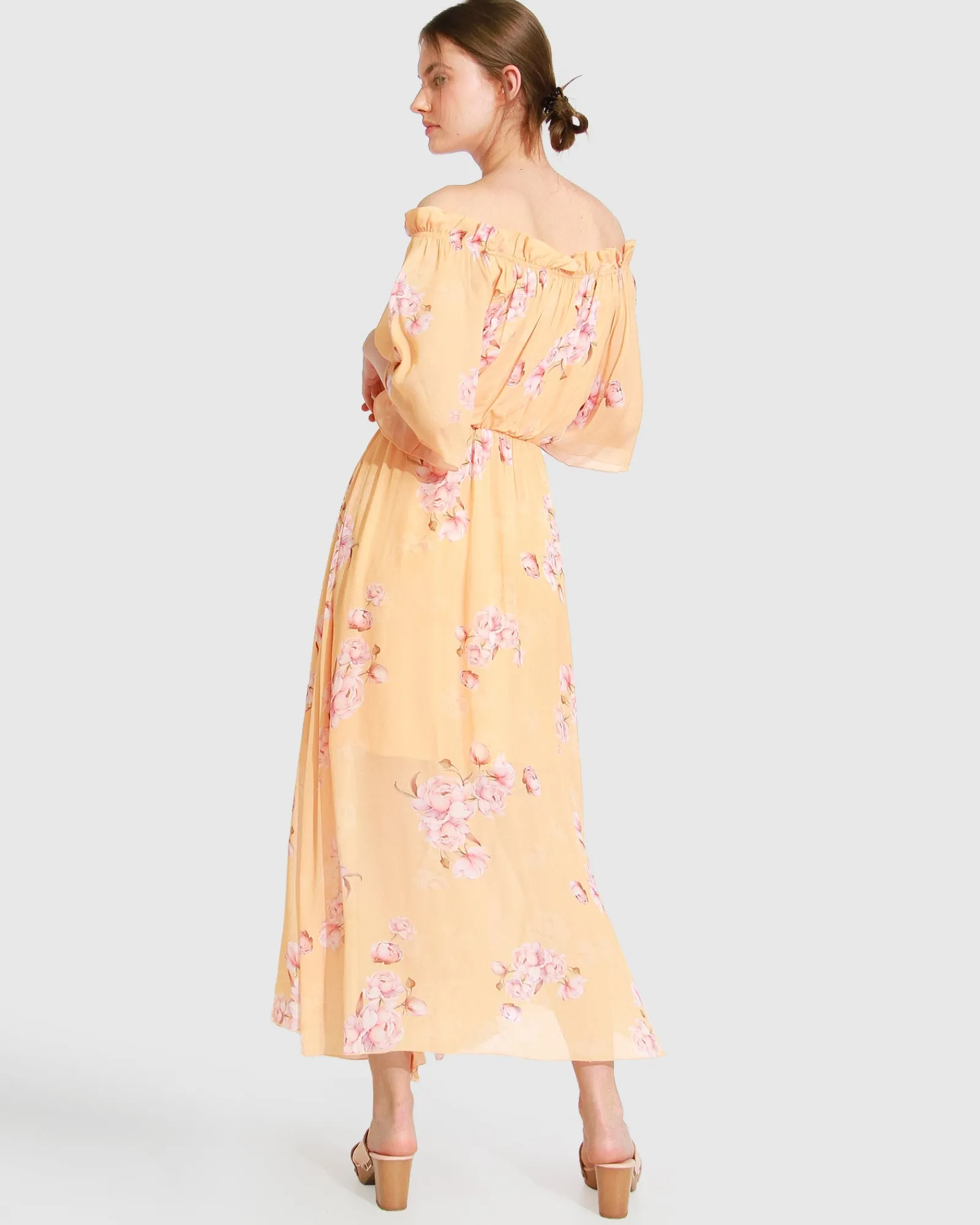 Hot Belle & Bloom Amour Amour Ruffled Midi Dress - Peach Peonies PeachPeonies