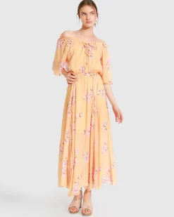 Hot Belle & Bloom Amour Amour Ruffled Midi Dress - Peach Peonies PeachPeonies