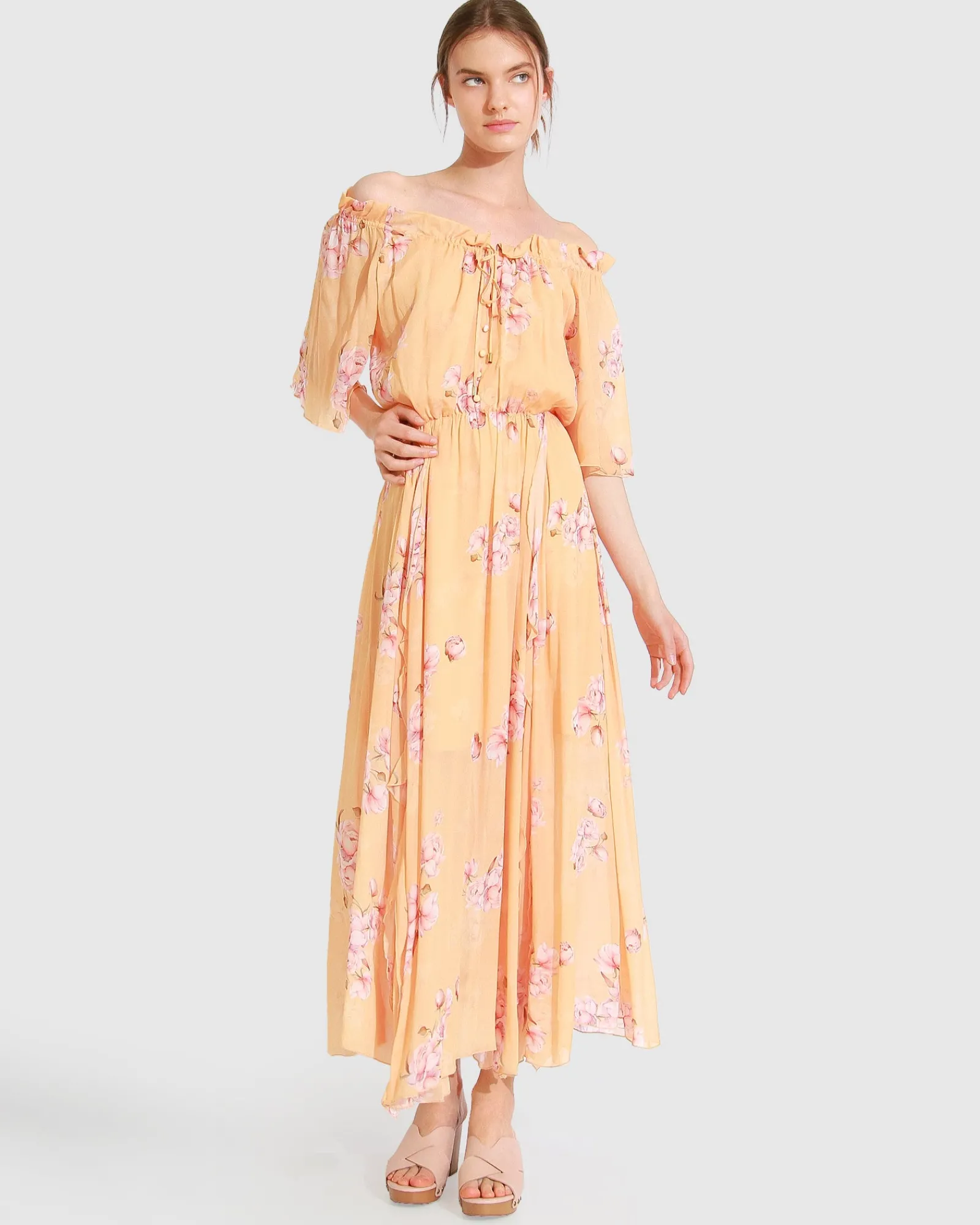 Hot Belle & Bloom Amour Amour Ruffled Midi Dress - Peach Peonies PeachPeonies
