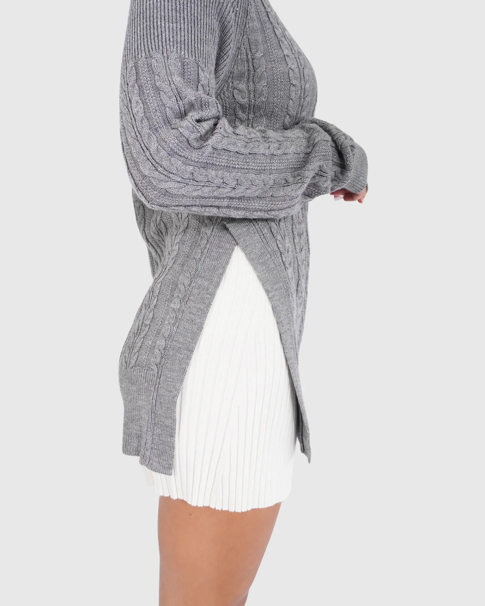 Sale Belle & Bloom At Last Cable Knit Jumper with Slit - Grey Marle GreyMarle