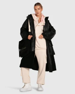 Fashion Belle & Bloom Back to Oversized Leather Panelled Coat - Black