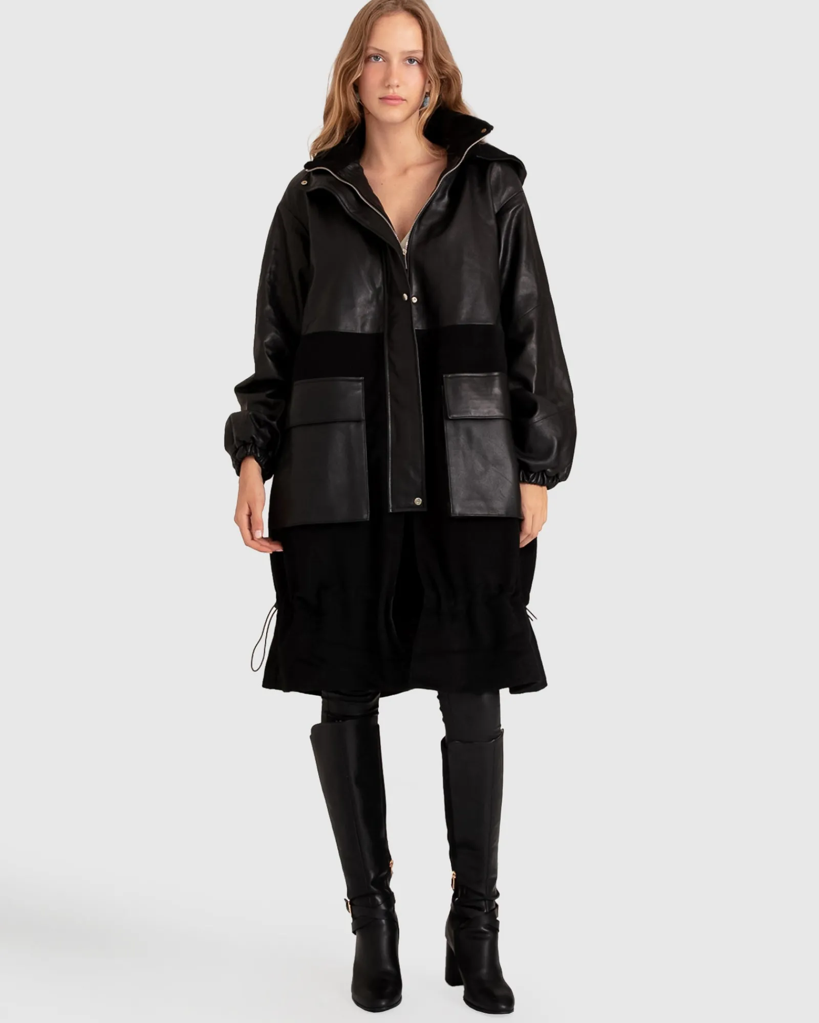 Fashion Belle & Bloom Back to Oversized Leather Panelled Coat - Black