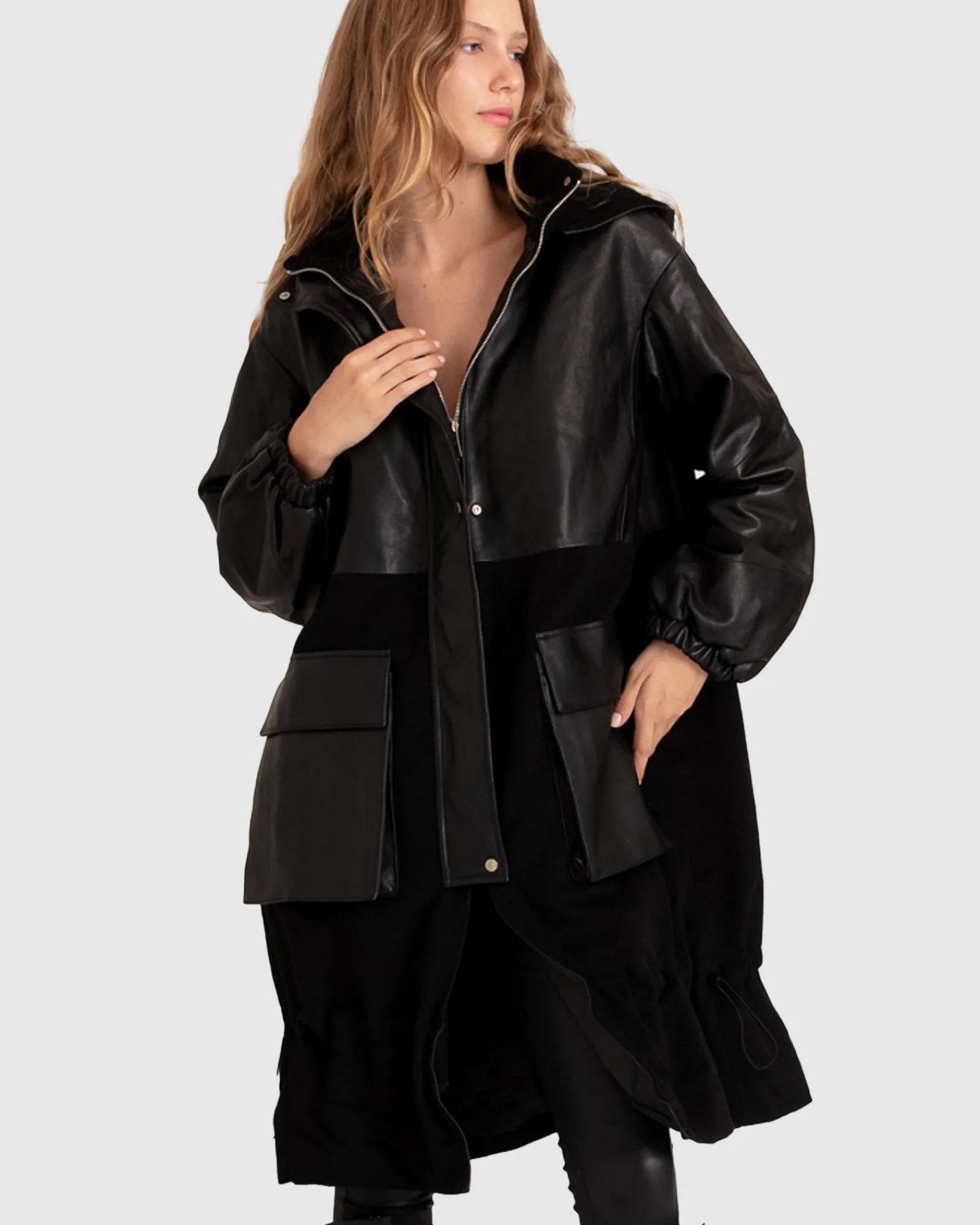 Fashion Belle & Bloom Back to Oversized Leather Panelled Coat - Black