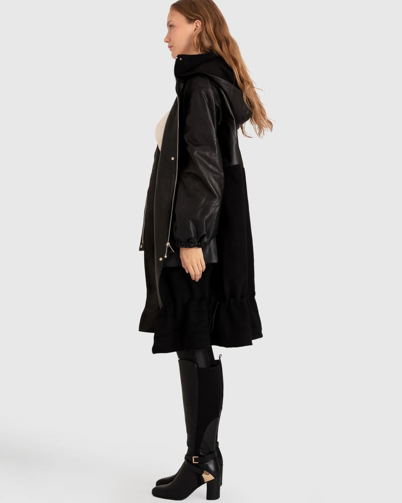 Fashion Belle & Bloom Back to Oversized Leather Panelled Coat - Black
