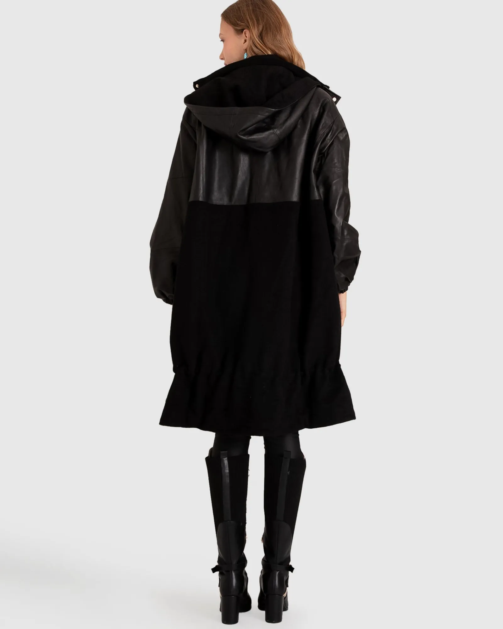 Fashion Belle & Bloom Back to Oversized Leather Panelled Coat - Black