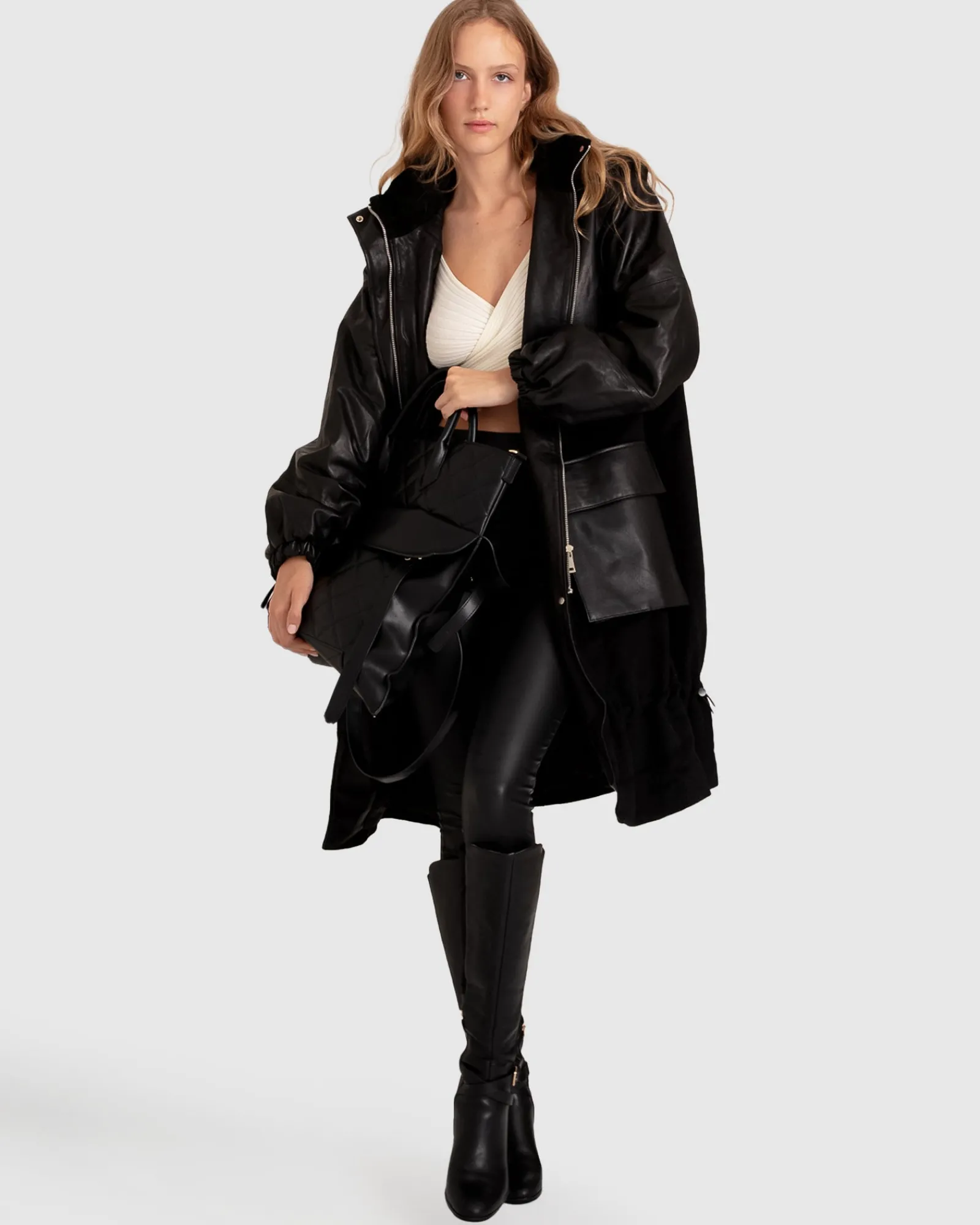 Fashion Belle & Bloom Back to Oversized Leather Panelled Coat - Black