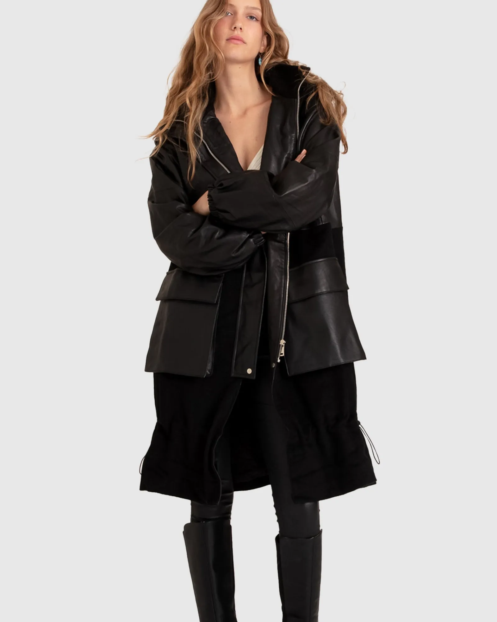 Fashion Belle & Bloom Back to Oversized Leather Panelled Coat - Black