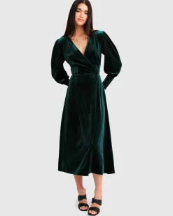 Sale Belle & Bloom Current Mood Velvet Wrap Dress - Dark Green DarkGreen