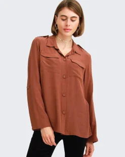 Hot Belle & Bloom Eclipse Rolled Sleeve Blouse - Brown FINAL SALE BrownFINALSALE