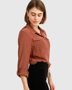 Hot Belle & Bloom Eclipse Rolled Sleeve Blouse - Brown FINAL SALE BrownFINALSALE