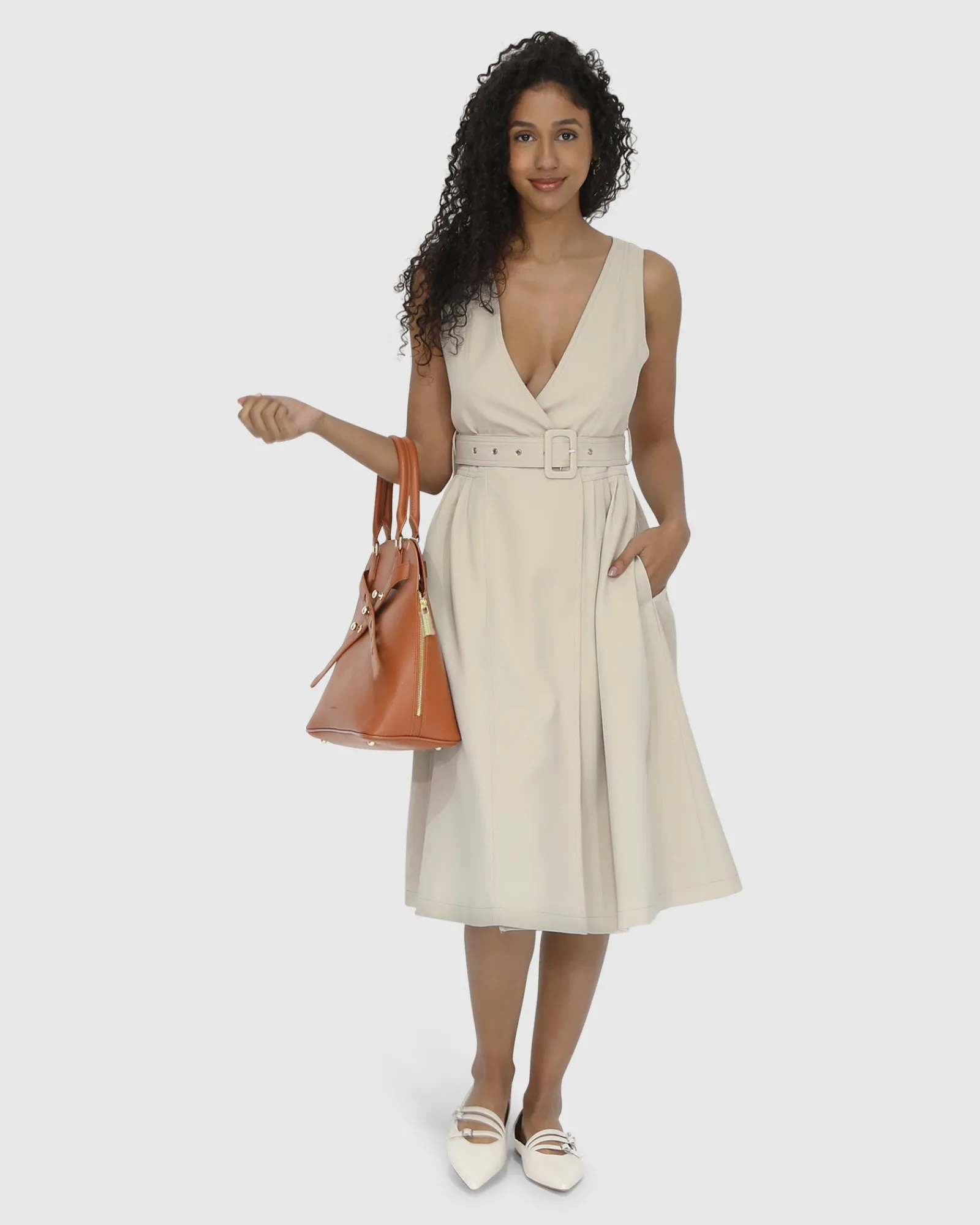 Hot Belle & Bloom Miss Independence Midi Dress - Sand