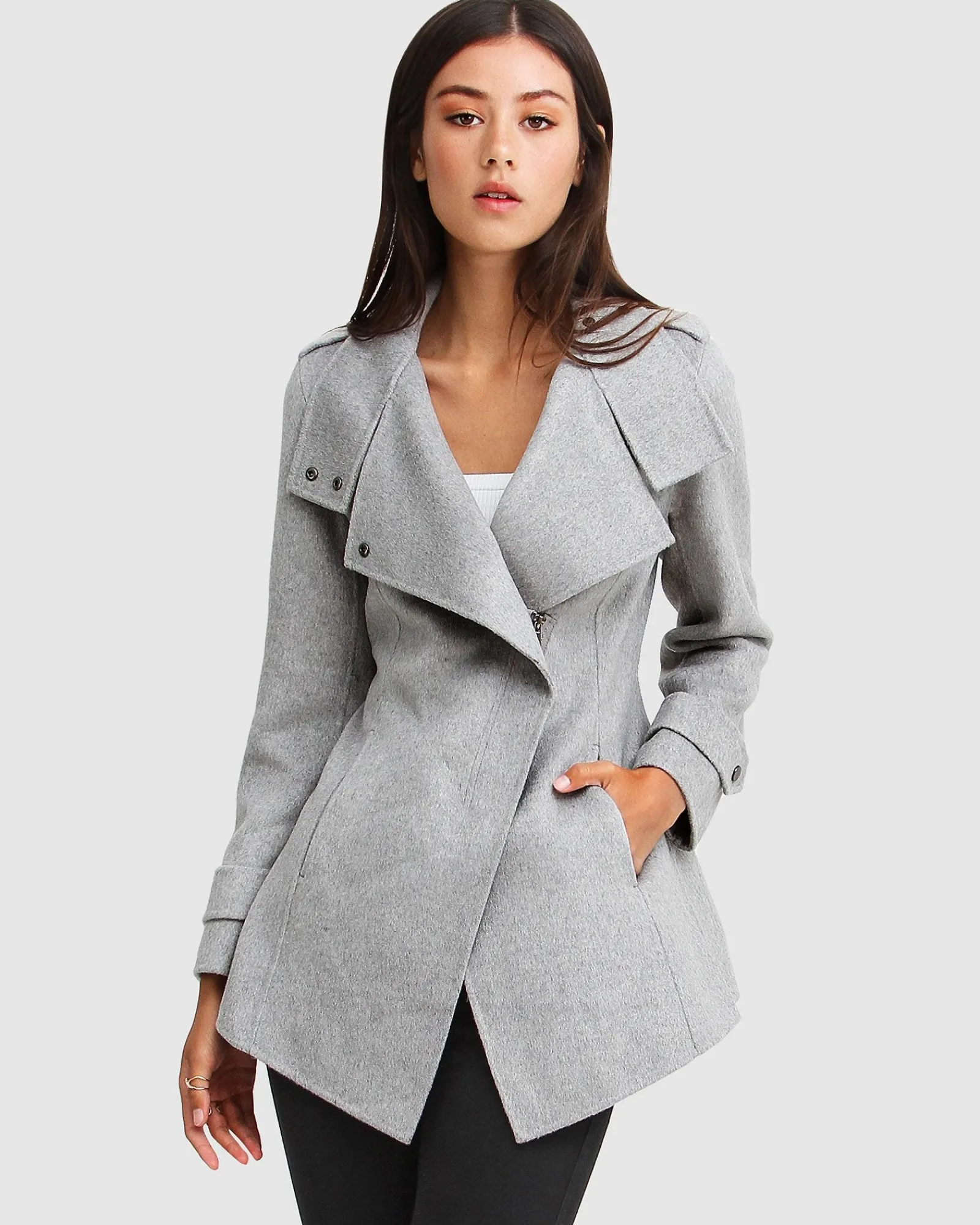 Clearance Belle & Bloom NEW FIT Bad Girl Wool Blend Moto Coat - Grey Marle GreyMarle