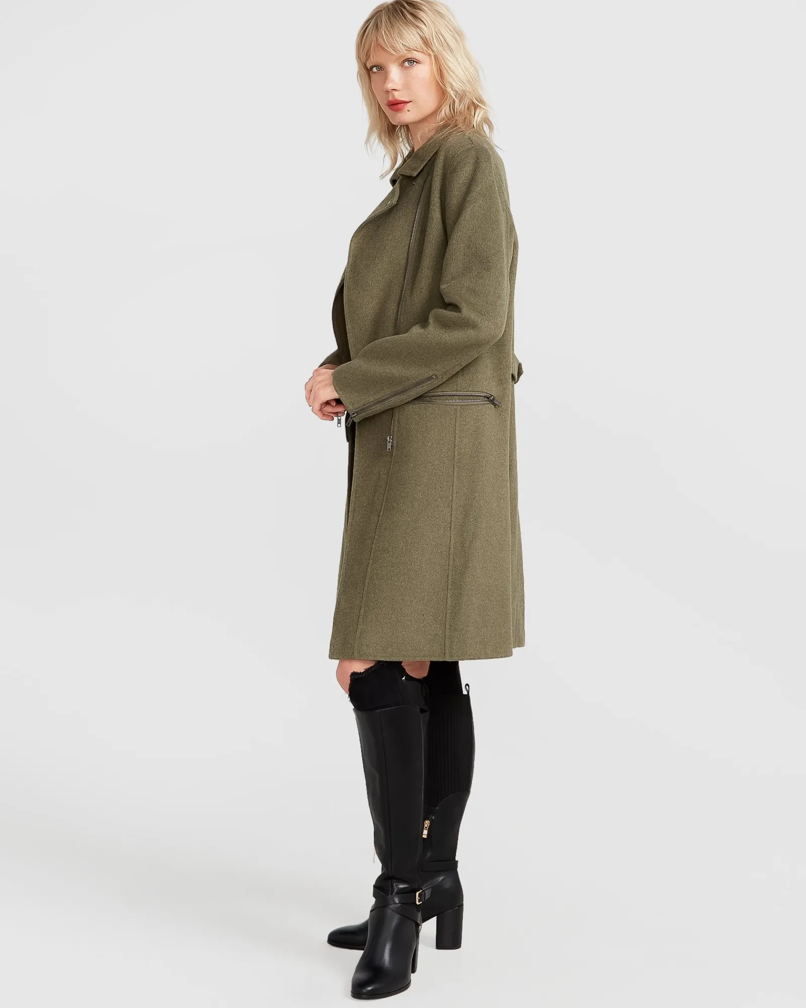 New Belle & Bloom NEW FIT Last Chance Wool Blend Moto Coat - Army Green ArmyGreen