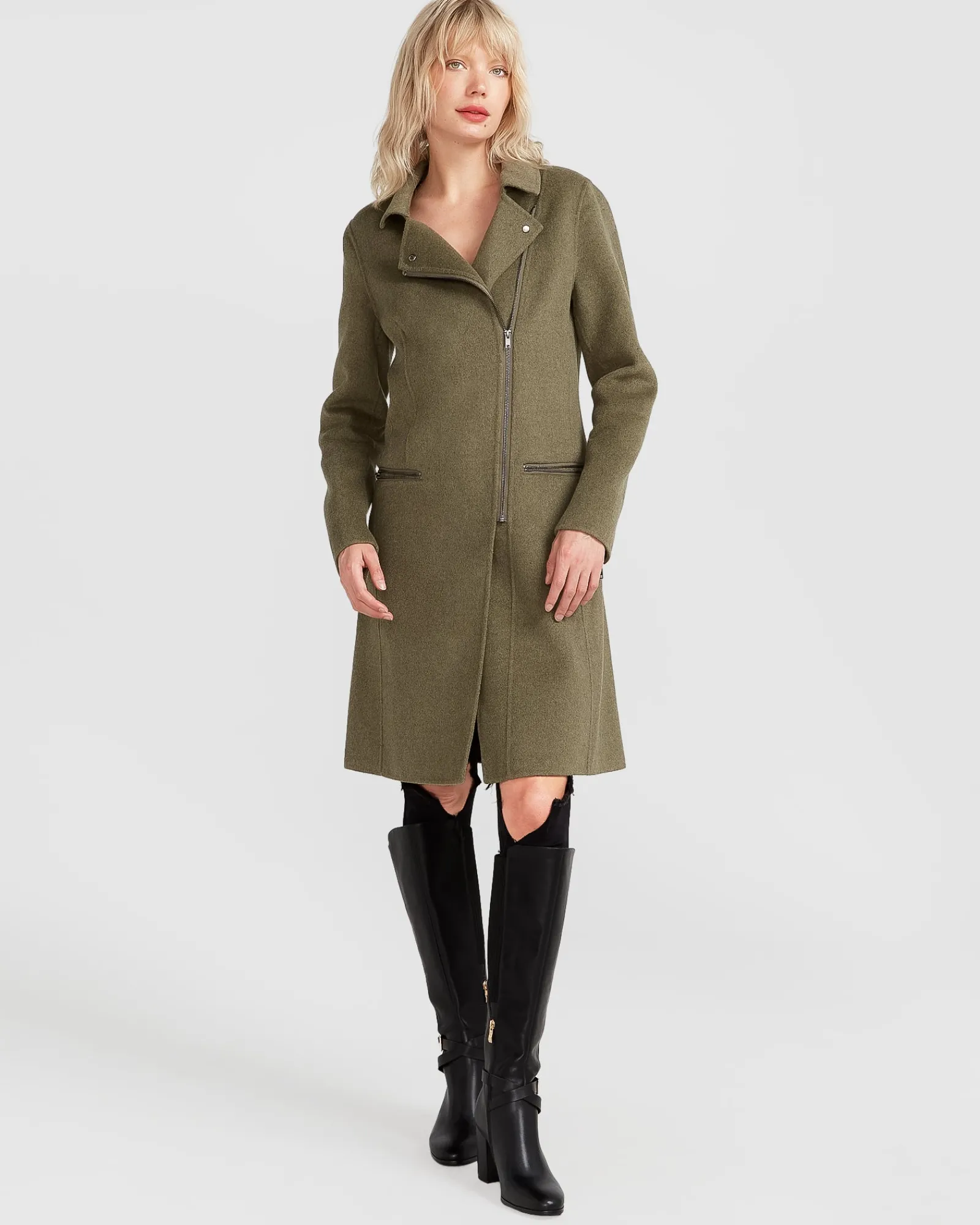 New Belle & Bloom NEW FIT Last Chance Wool Blend Moto Coat - Army Green ArmyGreen