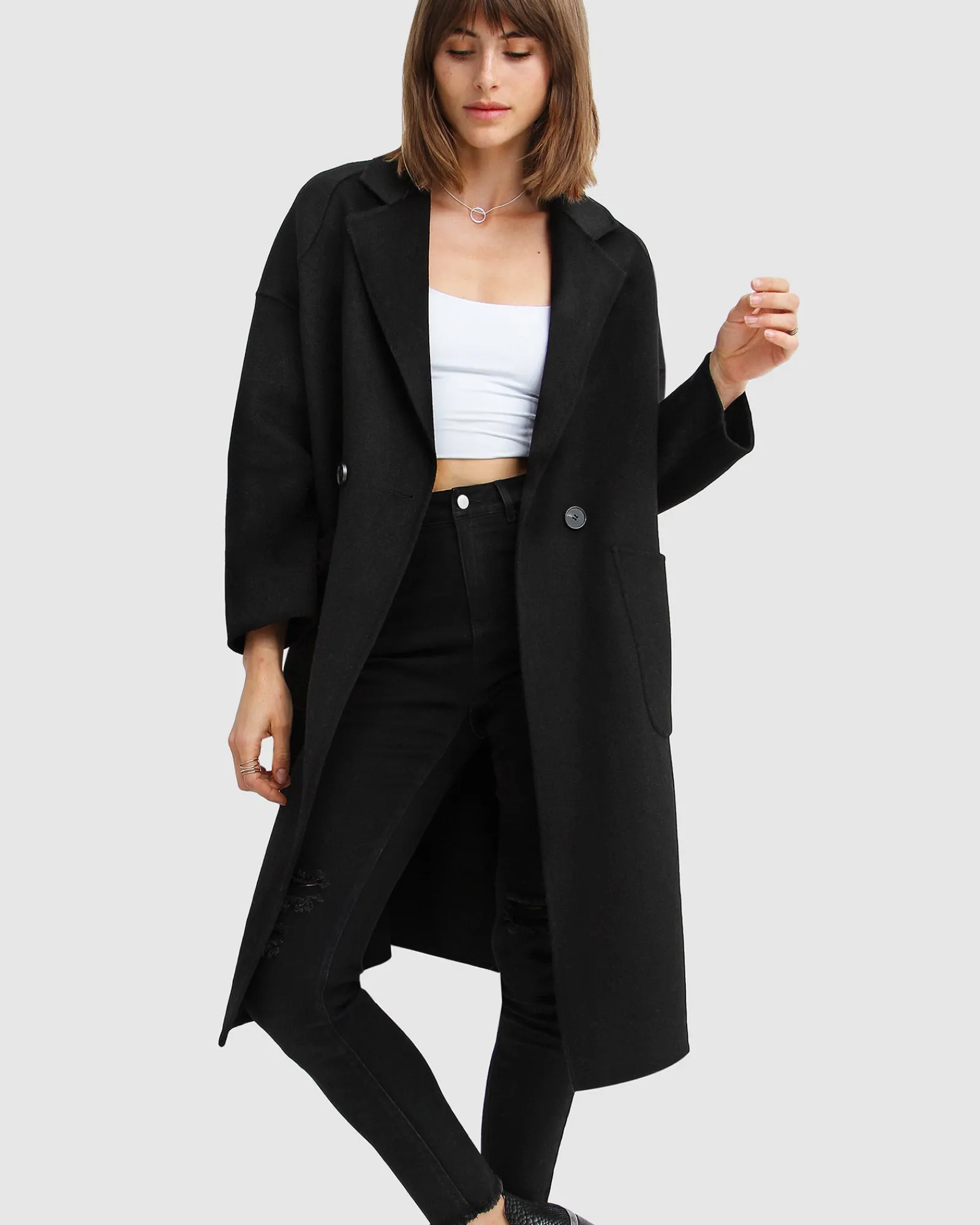 New Belle & Bloom Publisher Double-Breasted Wool Blend Coat - Black BreastedWoolBlendCoat-Black