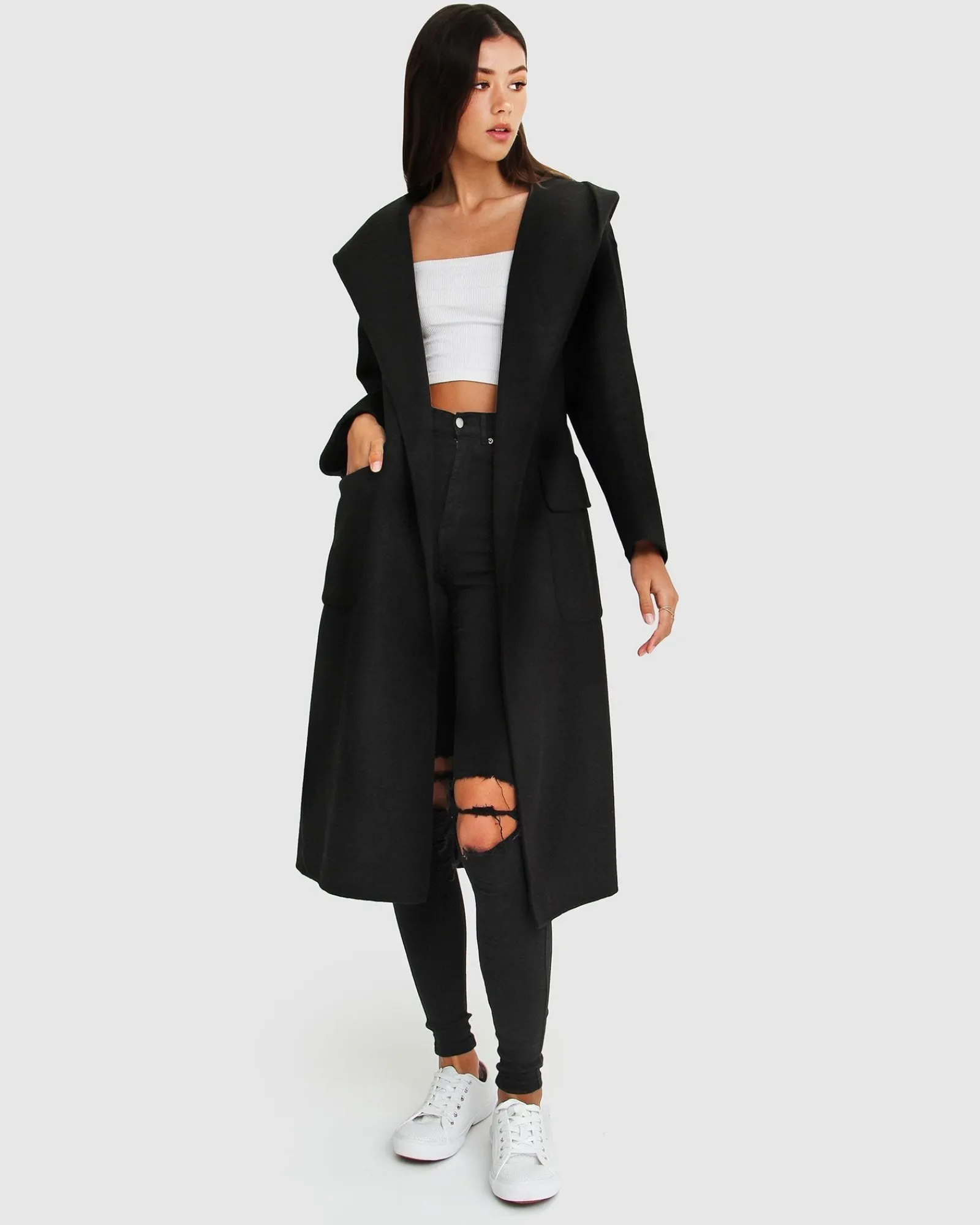 New Belle & Bloom Runaway Wool Blend Robe Coat - Black