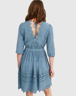 Best Belle & Bloom Sweet Talk Eyelet Mini Dress - Dusty Blue DustyBlue