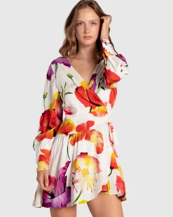 Hot Belle & Bloom The Dancer Longsleeve Mini Wrap Dress - Wild Poppies WildPoppies