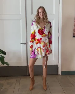 Hot Belle & Bloom The Dancer Longsleeve Mini Wrap Dress - Wild Poppies WildPoppies