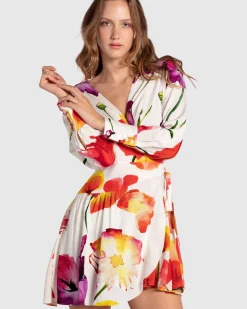 Hot Belle & Bloom The Dancer Longsleeve Mini Wrap Dress - Wild Poppies WildPoppies