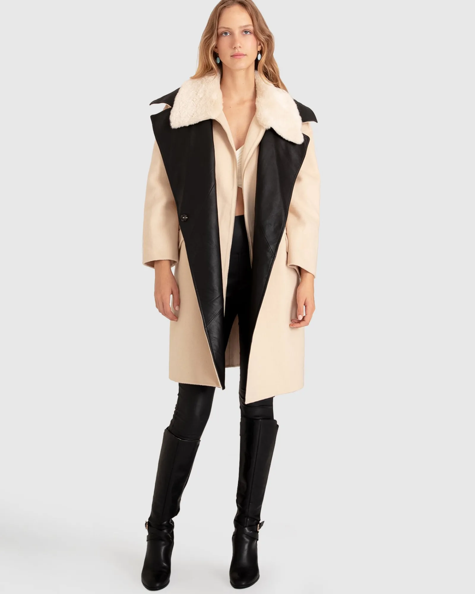 New Belle & Bloom Watch Me Go Oversized Leather Trimmed Coat - Pale Oat PaleOat