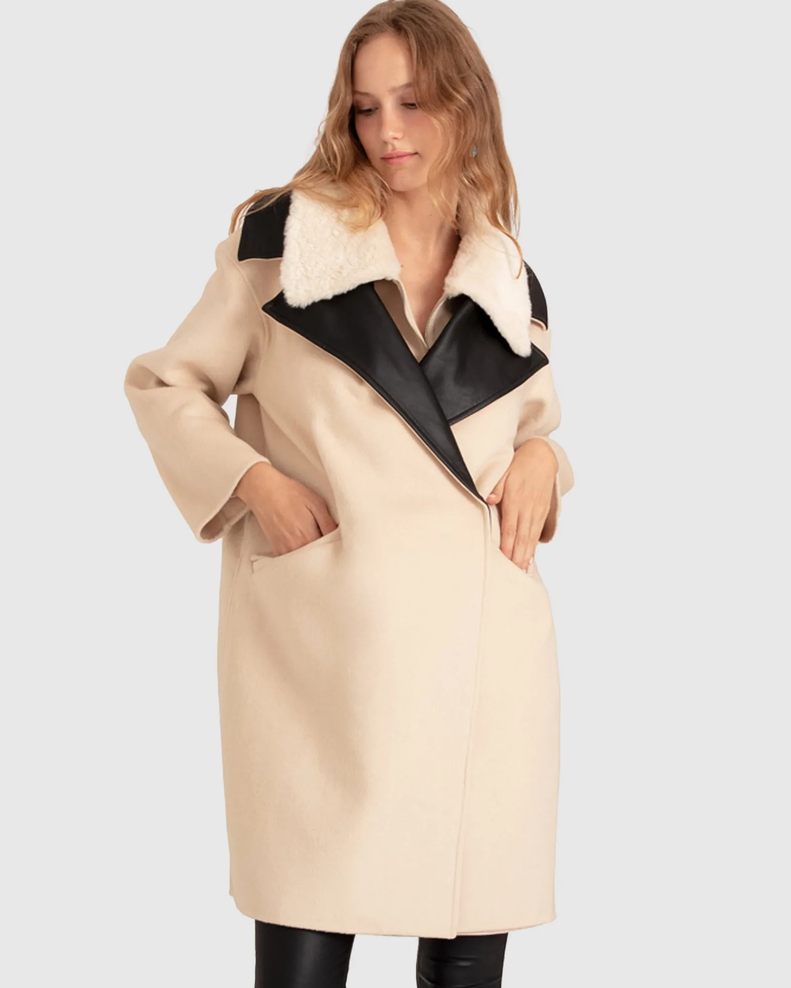 New Belle & Bloom Watch Me Go Oversized Leather Trimmed Coat - Pale Oat PaleOat