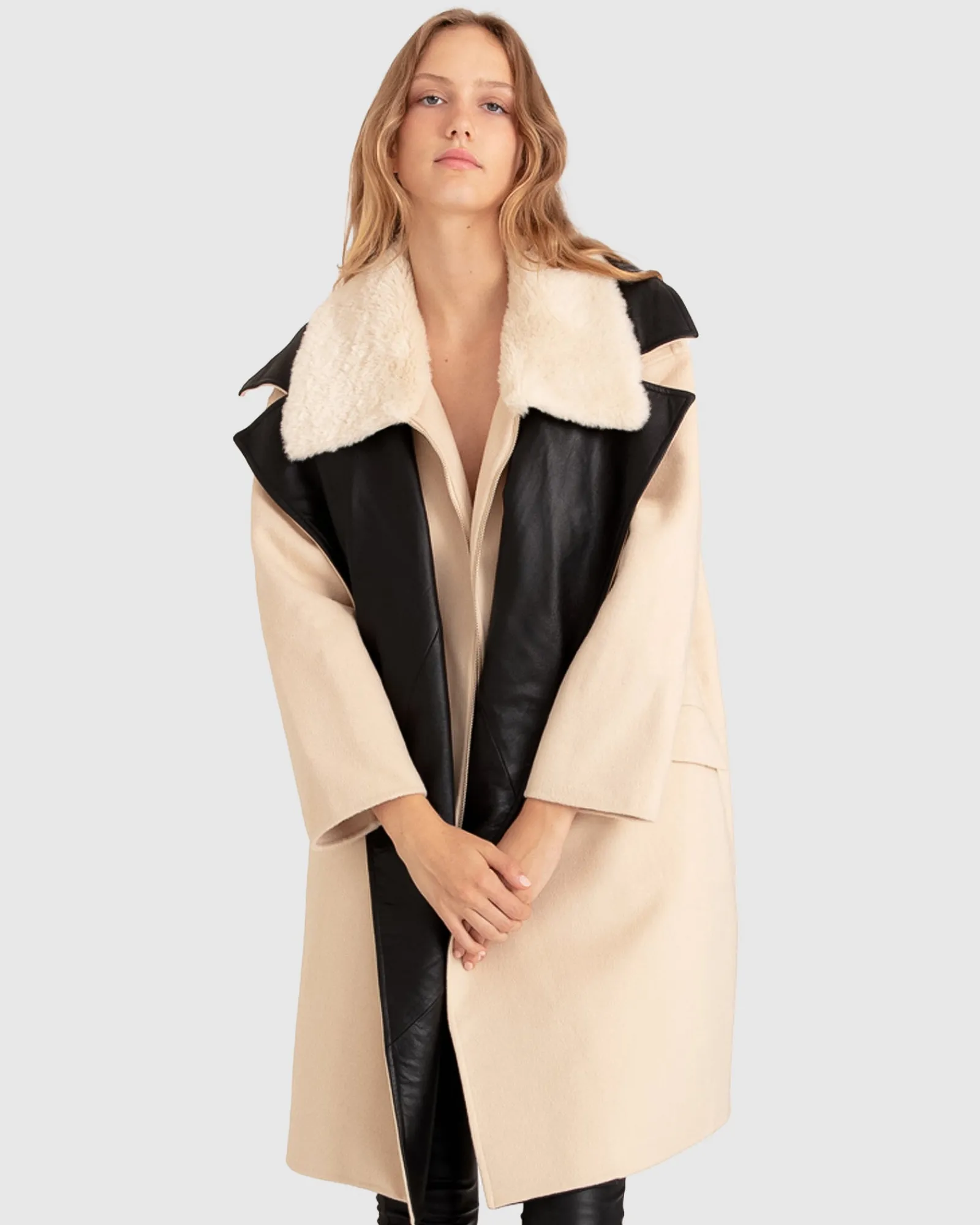 New Belle & Bloom Watch Me Go Oversized Leather Trimmed Coat - Pale Oat PaleOat