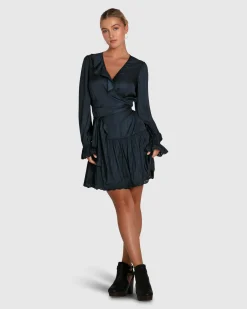 New Belle & Bloom Wild Flower Embroidered Wrap Dress - Navy