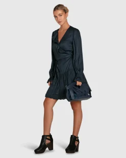 New Belle & Bloom Wild Flower Embroidered Wrap Dress - Navy