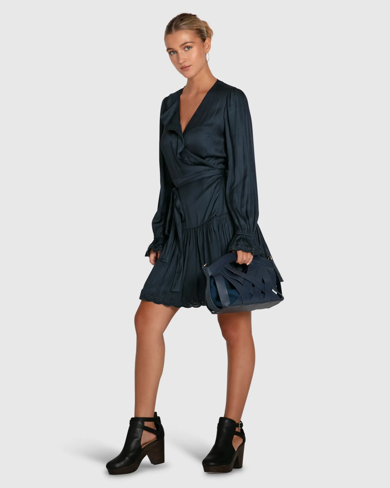 New Belle & Bloom Wild Flower Embroidered Wrap Dress - Navy