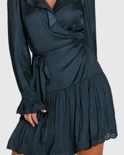 New Belle & Bloom Wild Flower Embroidered Wrap Dress - Navy