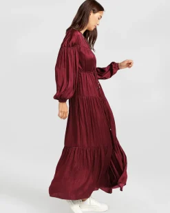 Online Belle & Bloom Window Seat Tiered Maxi Dress - Merlot