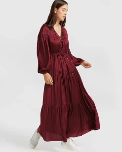 Online Belle & Bloom Window Seat Tiered Maxi Dress - Merlot