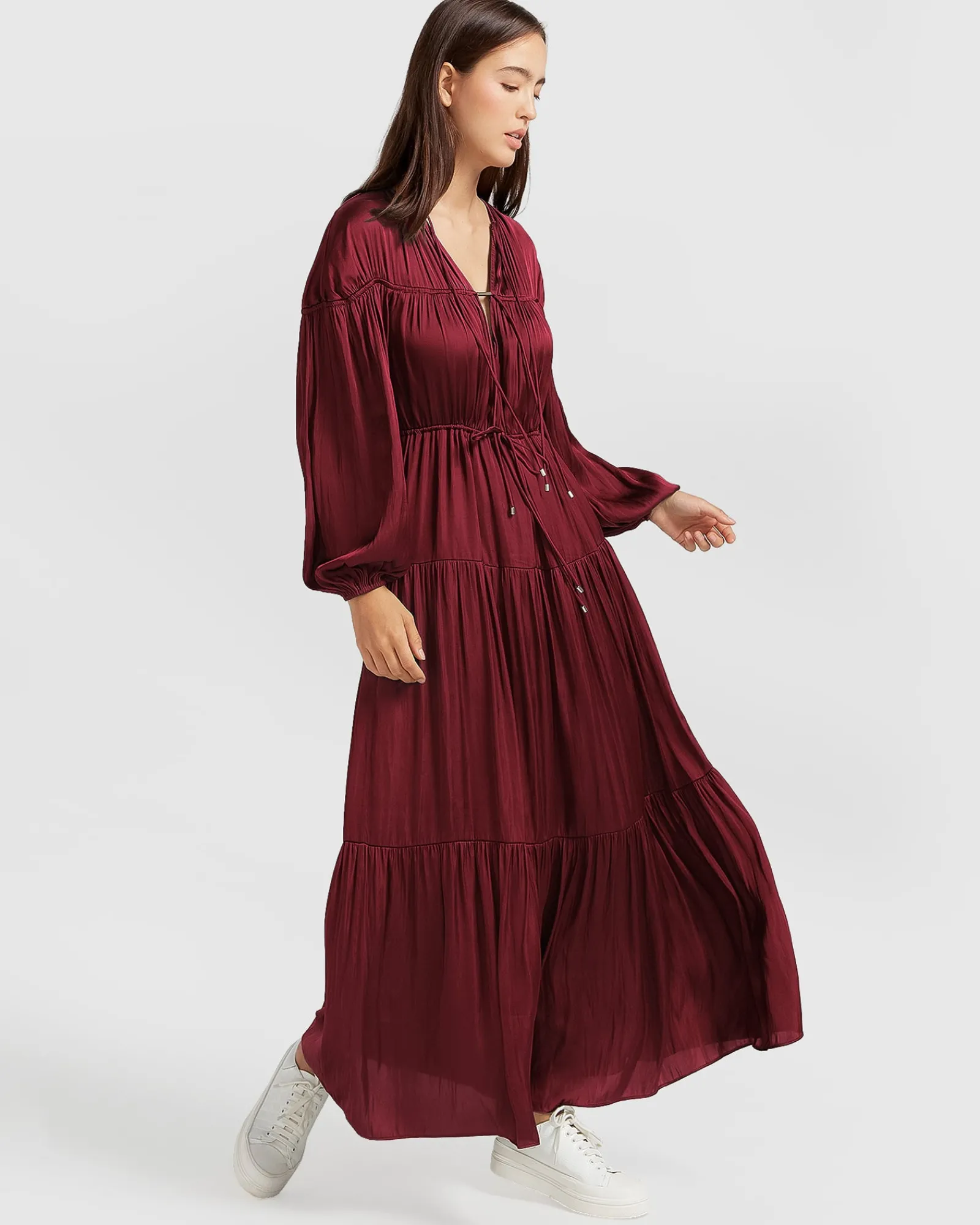 Online Belle & Bloom Window Seat Tiered Maxi Dress - Merlot