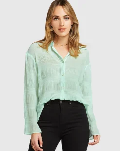 Sale Belle & Bloom Yoko Shirred Chiffon Blouse - Mint FINAL SALE MintFINALSALE