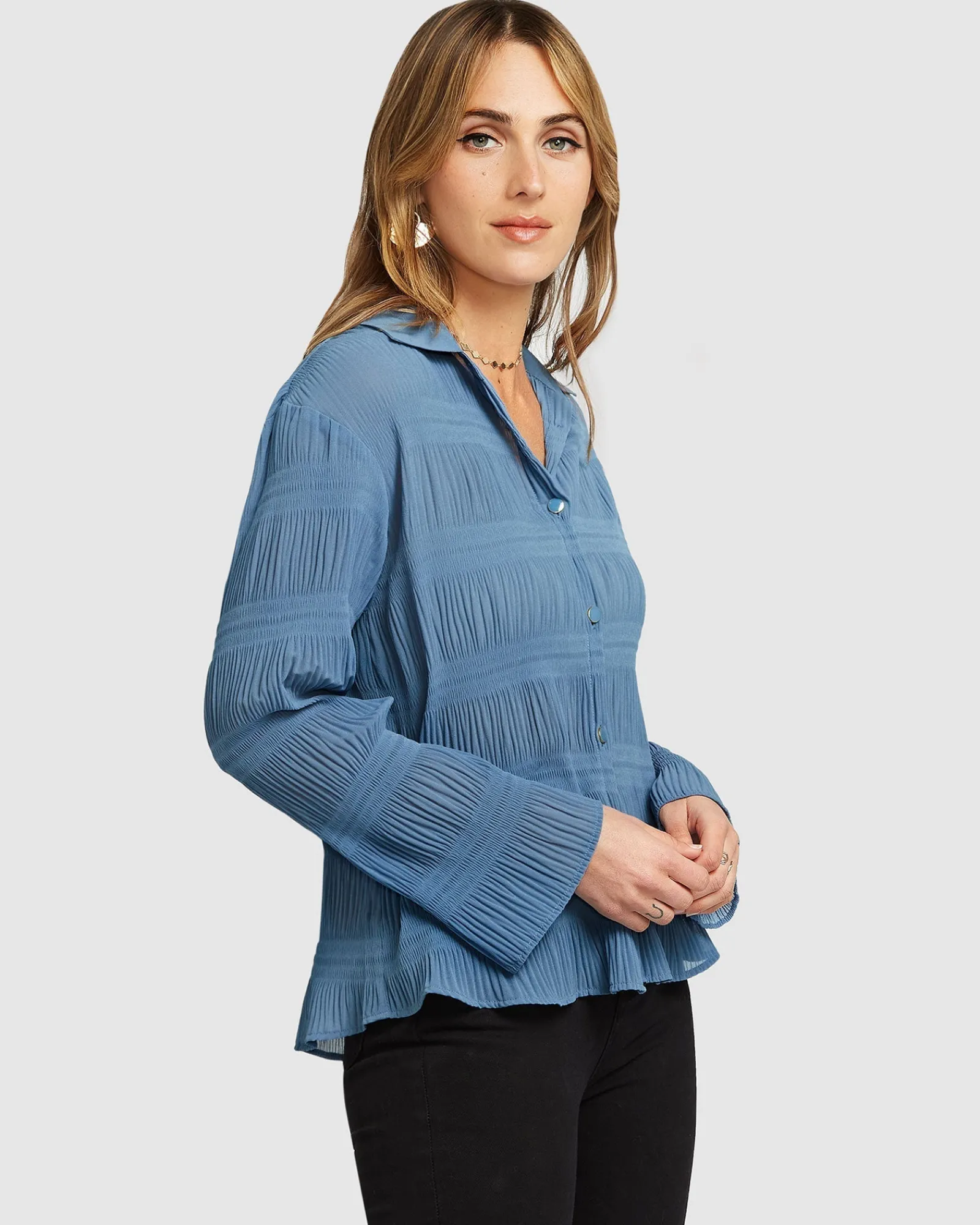 Outlet Belle & Bloom Yoko Shirred Chiffon Blouse - Dusty Blue FINAL SALE DustyBlueFINALSALE