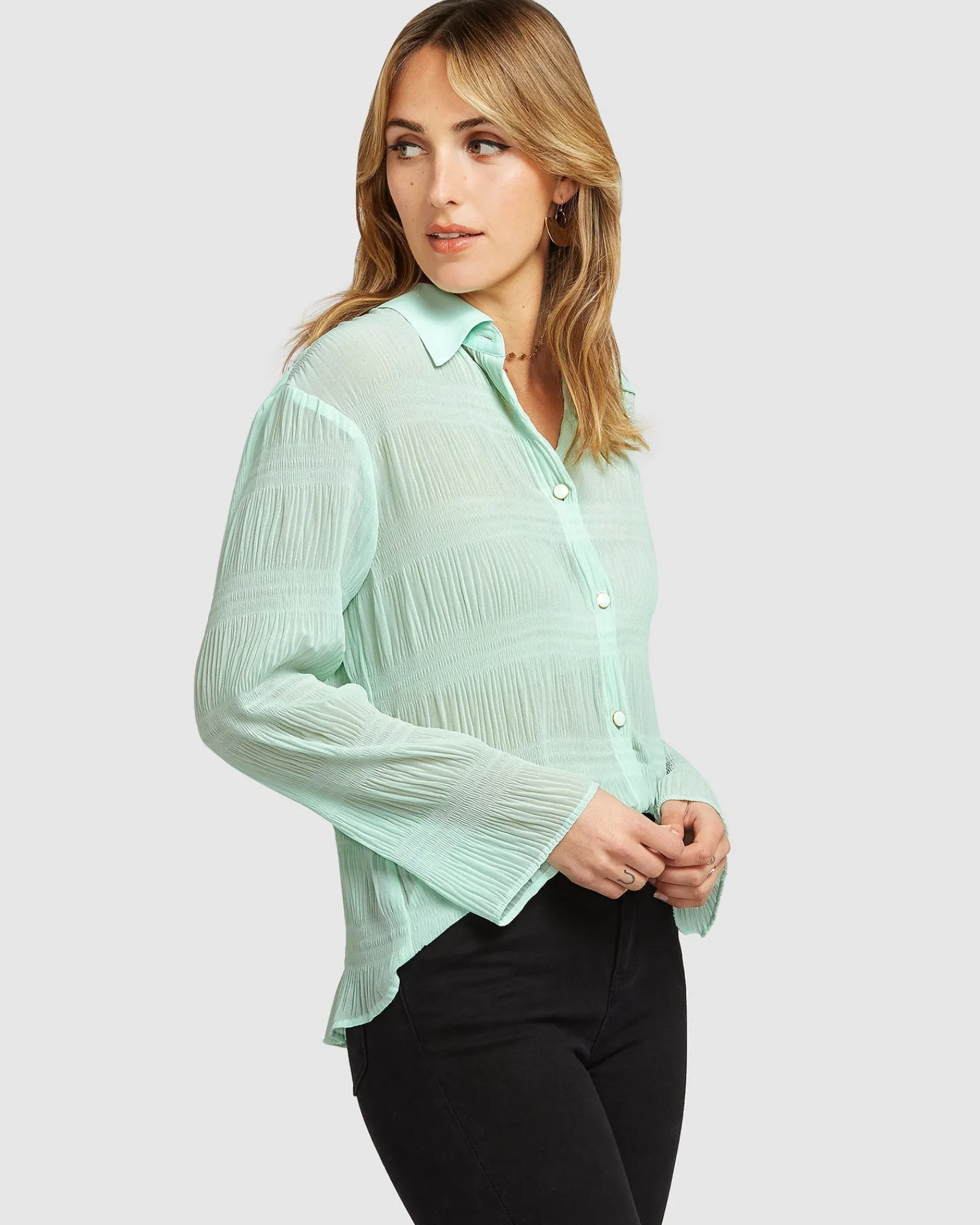 Sale Belle & Bloom Yoko Shirred Chiffon Blouse - Mint FINAL SALE MintFINALSALE