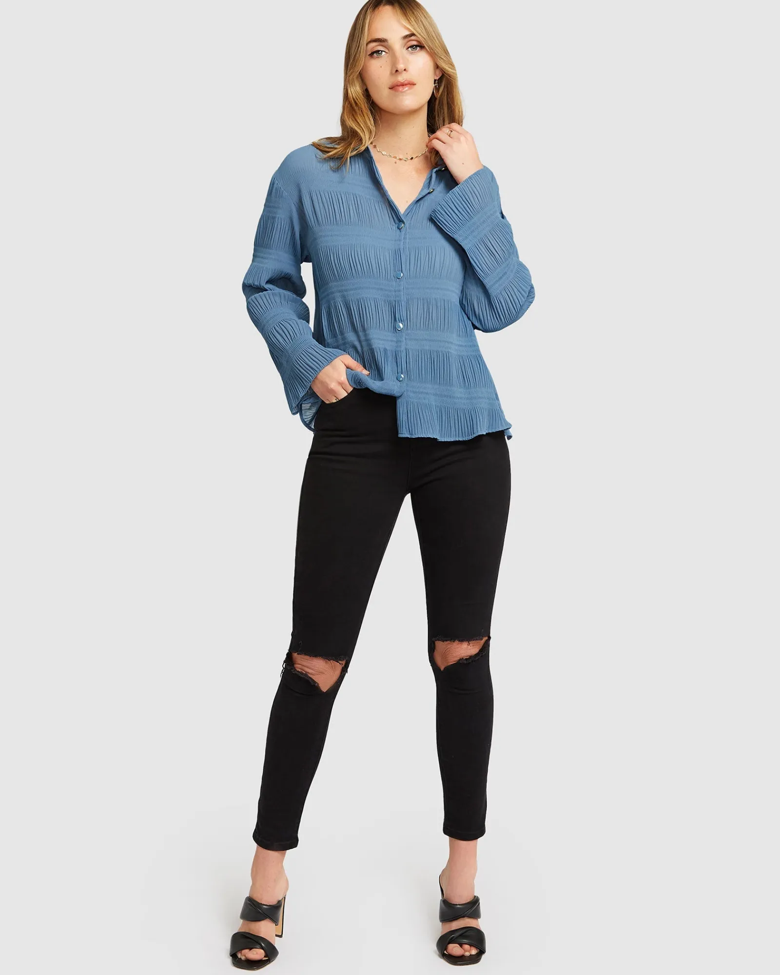 Outlet Belle & Bloom Yoko Shirred Chiffon Blouse - Dusty Blue FINAL SALE DustyBlueFINALSALE