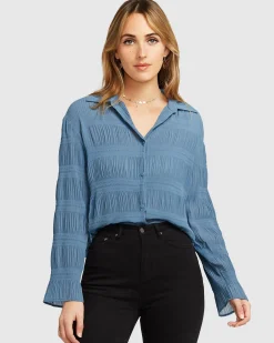 Outlet Belle & Bloom Yoko Shirred Chiffon Blouse - Dusty Blue FINAL SALE DustyBlueFINALSALE