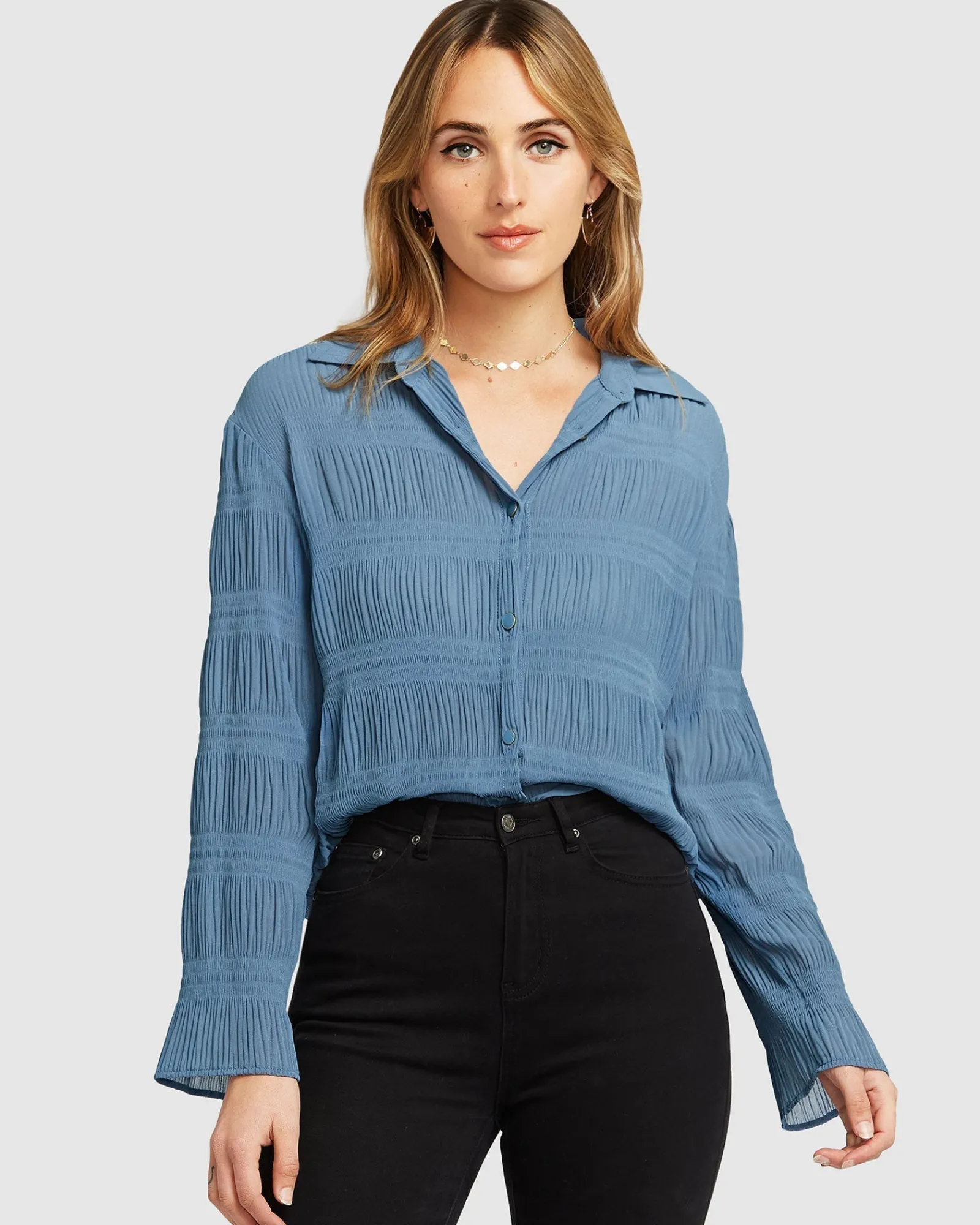 Outlet Belle & Bloom Yoko Shirred Chiffon Blouse - Dusty Blue FINAL SALE DustyBlueFINALSALE