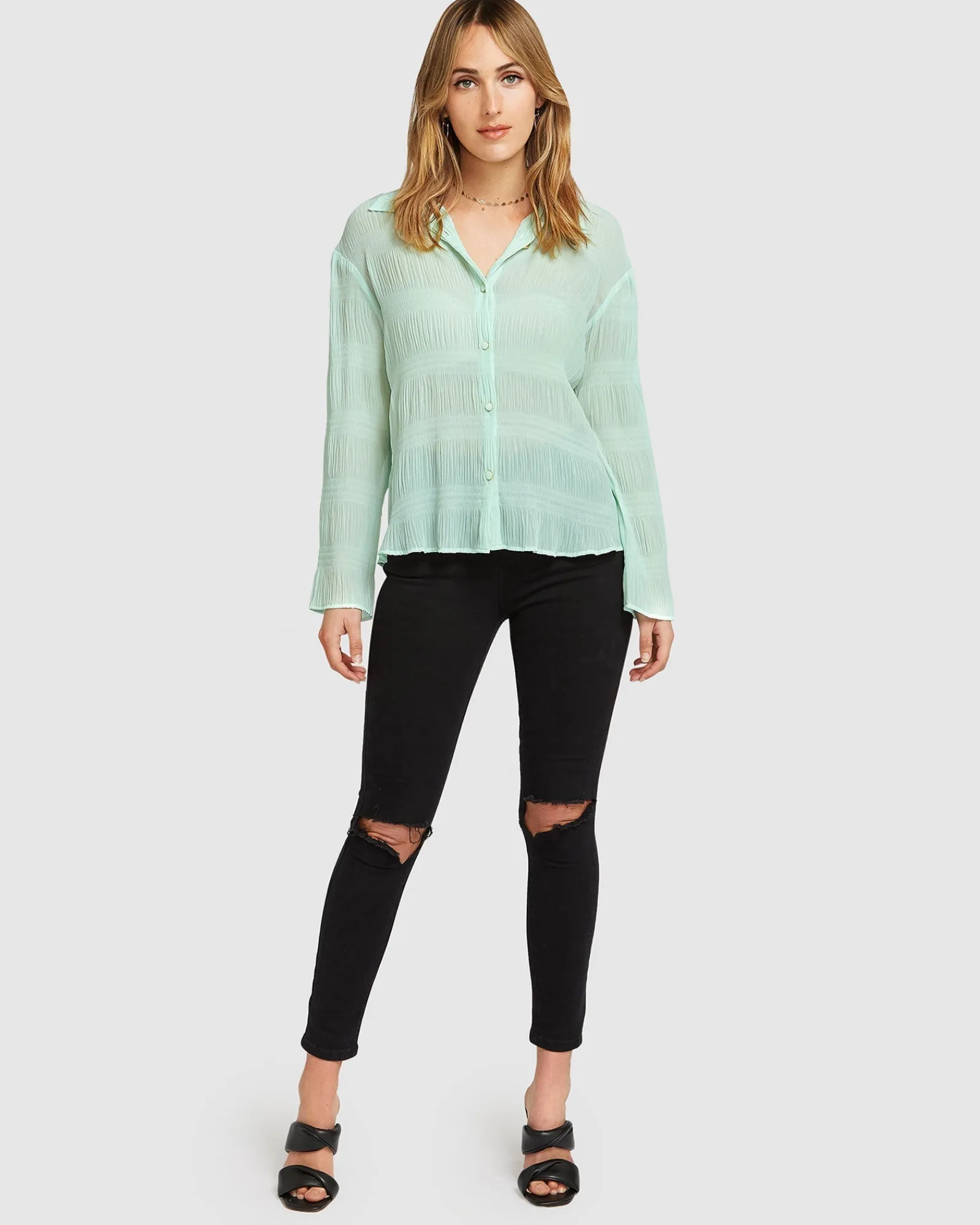 Sale Belle & Bloom Yoko Shirred Chiffon Blouse - Mint FINAL SALE MintFINALSALE