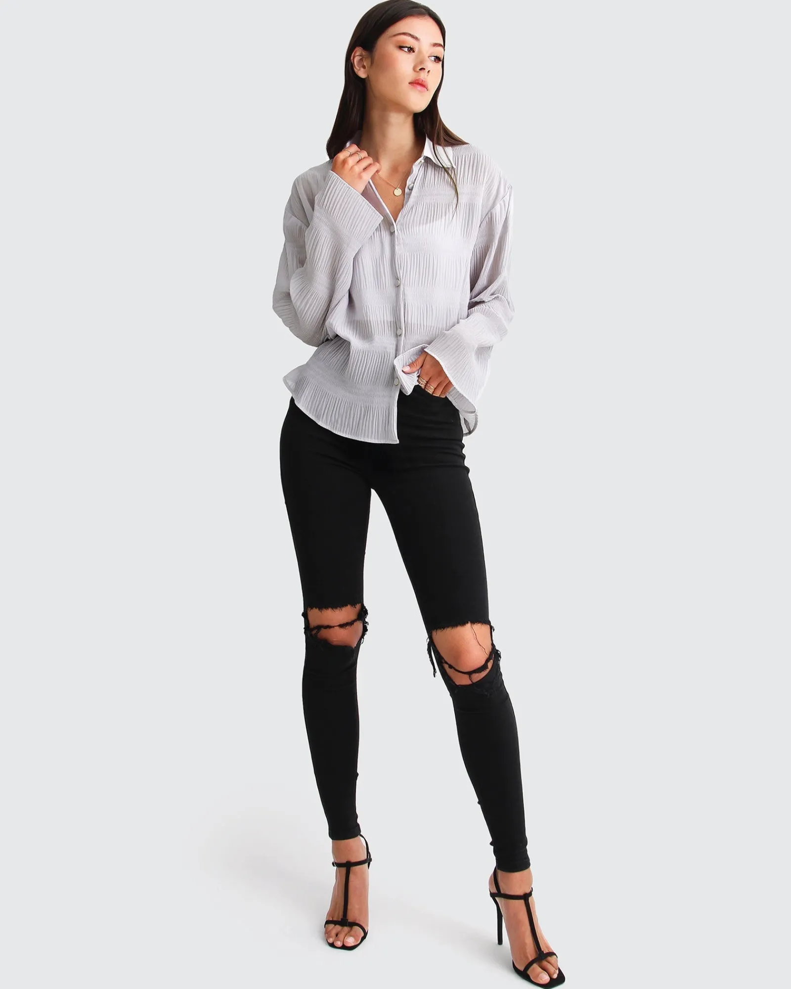 Fashion Belle & Bloom Yoko Shirred Chiffon Blouse - Grey