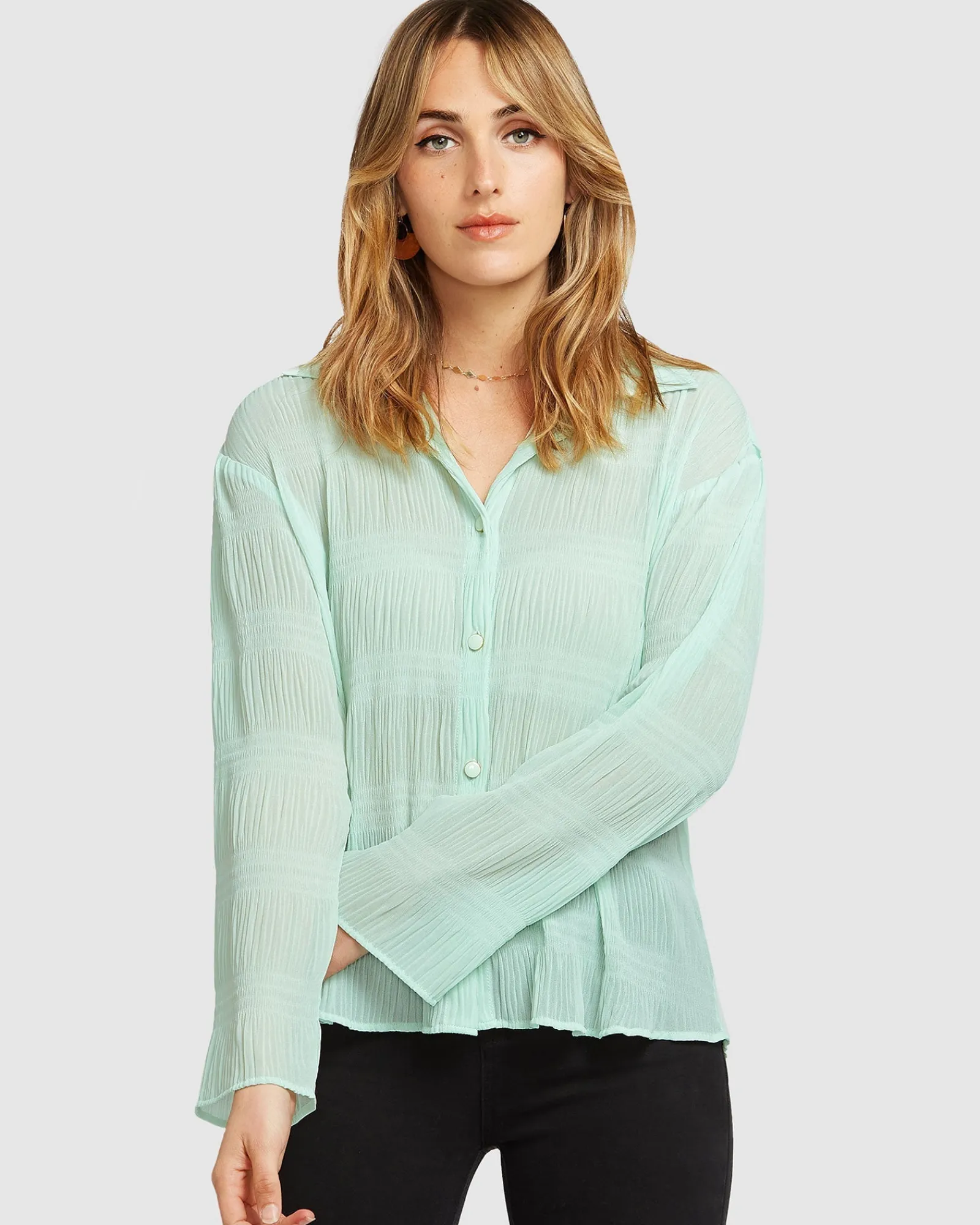 Sale Belle & Bloom Yoko Shirred Chiffon Blouse - Mint FINAL SALE MintFINALSALE