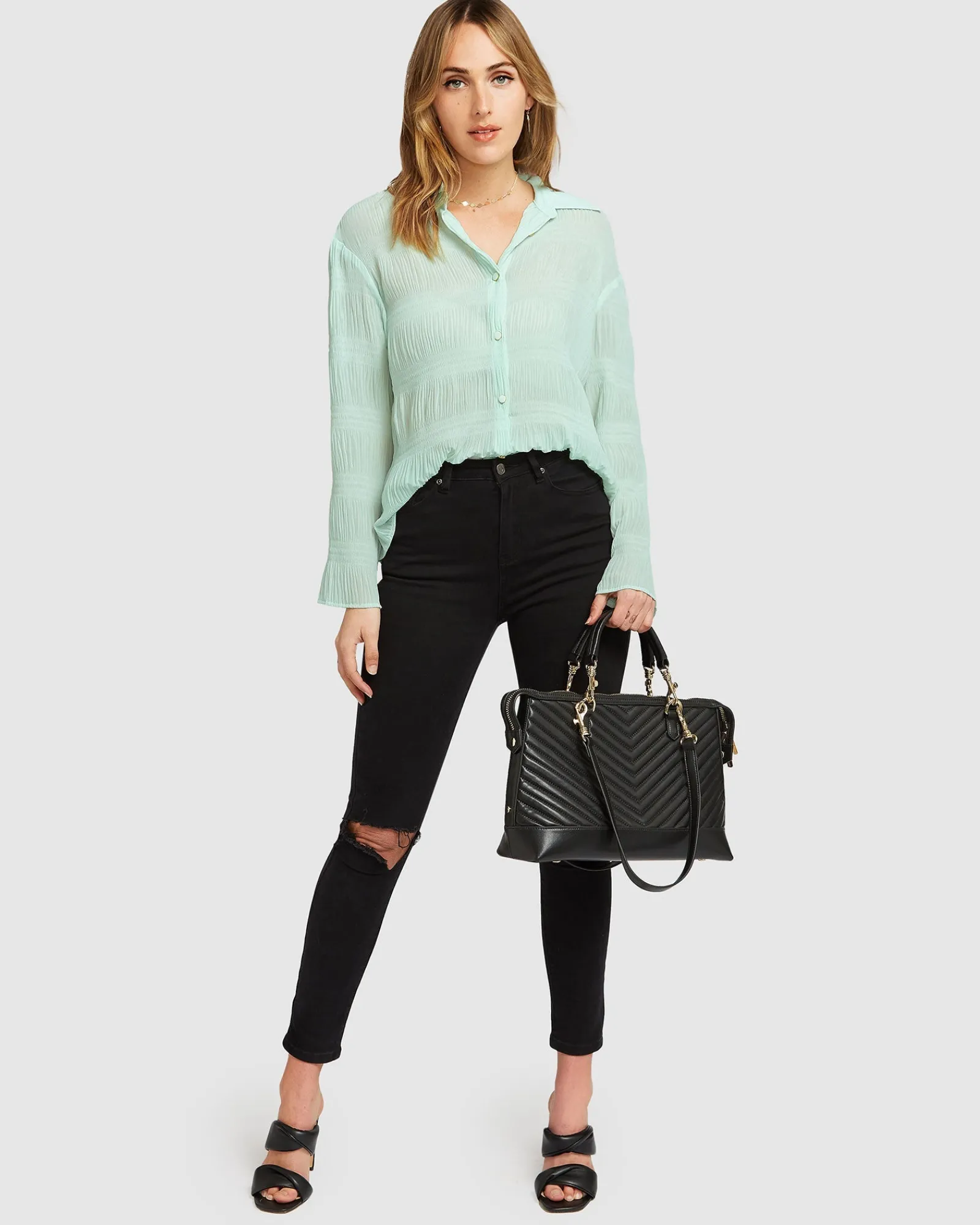 Sale Belle & Bloom Yoko Shirred Chiffon Blouse - Mint FINAL SALE MintFINALSALE