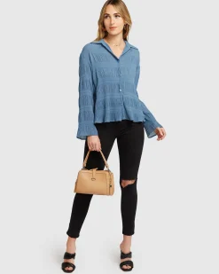 Outlet Belle & Bloom Yoko Shirred Chiffon Blouse - Dusty Blue FINAL SALE DustyBlueFINALSALE