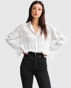Hot Belle & Bloom Yoko Shirred Chiffon Blouse - Cream